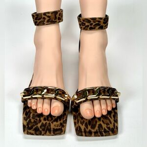New Good American Pale Leopard Ankle Strap Sandals